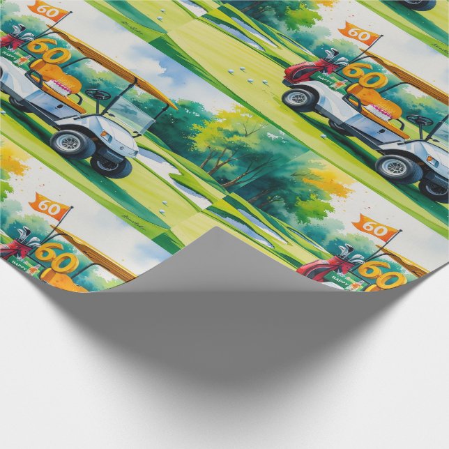 Golf 60th Birthday with Golf Cart on putting Green Wrapping Paper (Corner)