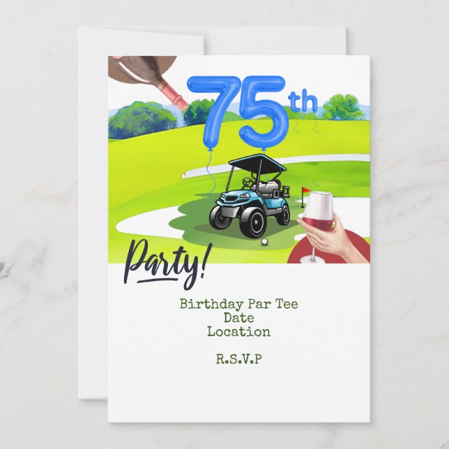 Golf 75th Birthday for golfer with golf cart Invitation (Front)