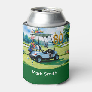 Golf 80th Birthday with golf cart on green Can Cooler