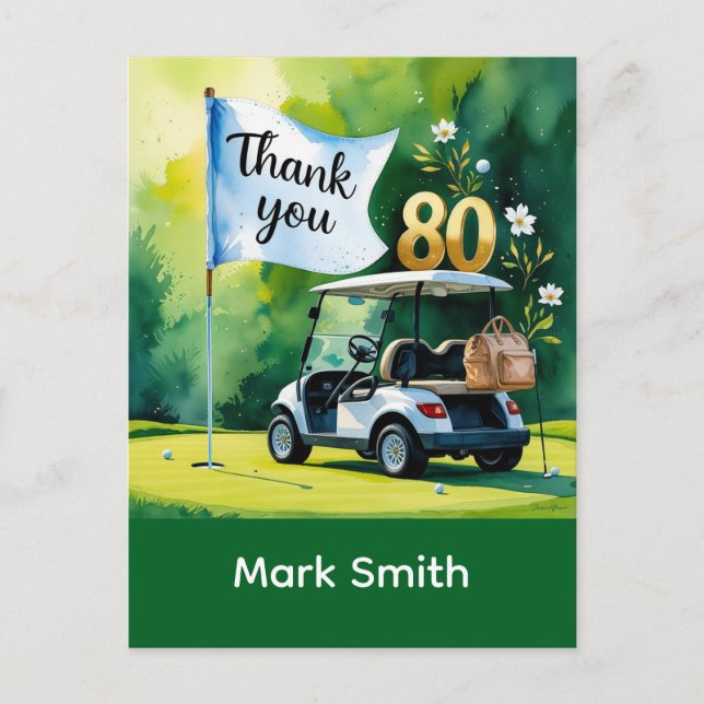 Golf 80th Birthday with golf cart on green  Postcard (Front)