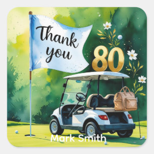 Golf 80th Birthday with golf cart on green  Square Sticker