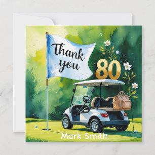 Golf 80th Birthday with golf cart on green  Thank You Card