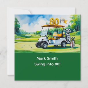 Golf 80th Birthday with golf cart on putting green Invitation