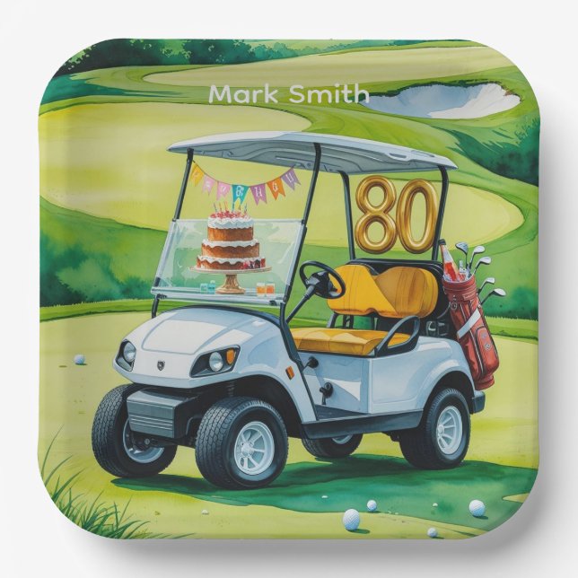 Golf 80th Birthday with golf cart on putting green Paper Plate (Front)