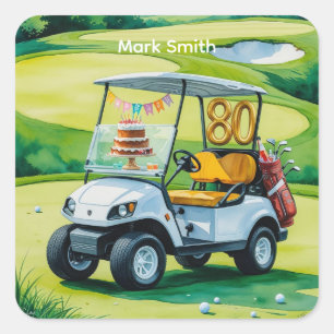 Golf 80th Birthday with golf cart on putting green Square Sticker