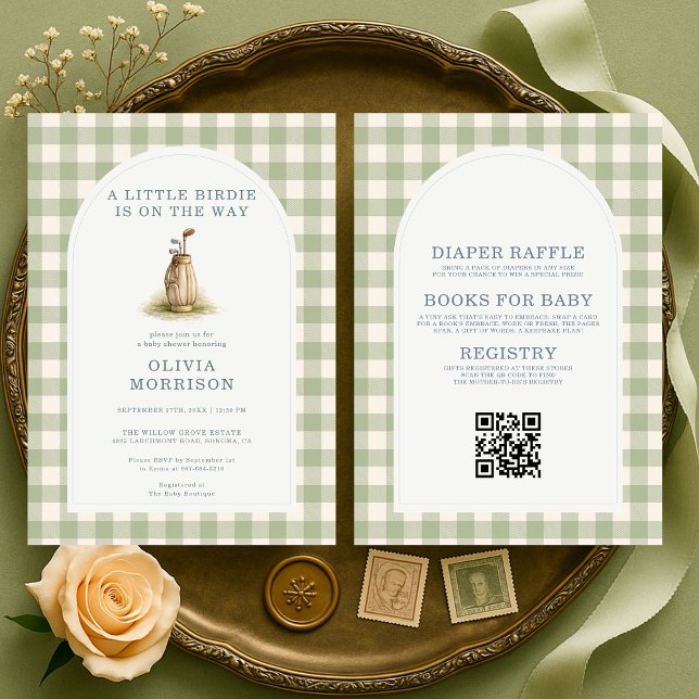Golf All in One Green Gingham Baby Shower Invitation (Creator Uploaded)