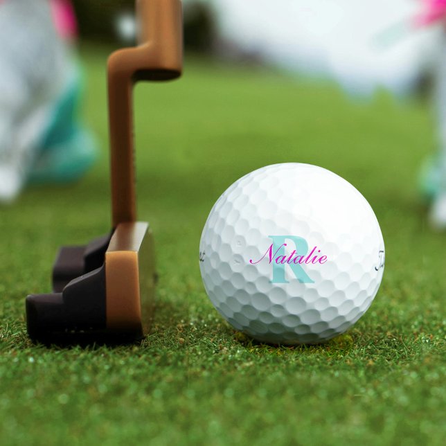 Golf aqua blue pink monogram name initial golf balls (Creator Uploaded)