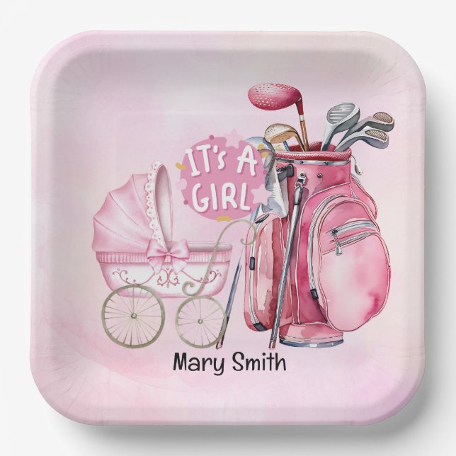 Golf Baby Girl on pink Paper Plate (Front)