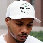 Golf Bachelor Party Last Hole Trucker Hat<br><div class="desc">This custom trucker hat features the playful phrase "Last Hole" along with a golfer image, perfect for a golf-themed bachelor party. Personalize it with the groom's name and date for a fun and memorable touch. Ideal for the groom and his friends, this hat adds a humourous and unique element to...</div>
