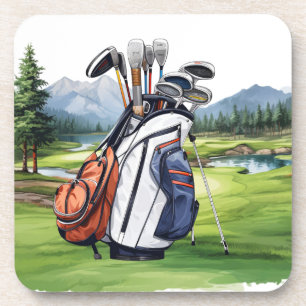 Golf bag at golf course watercolor coaster