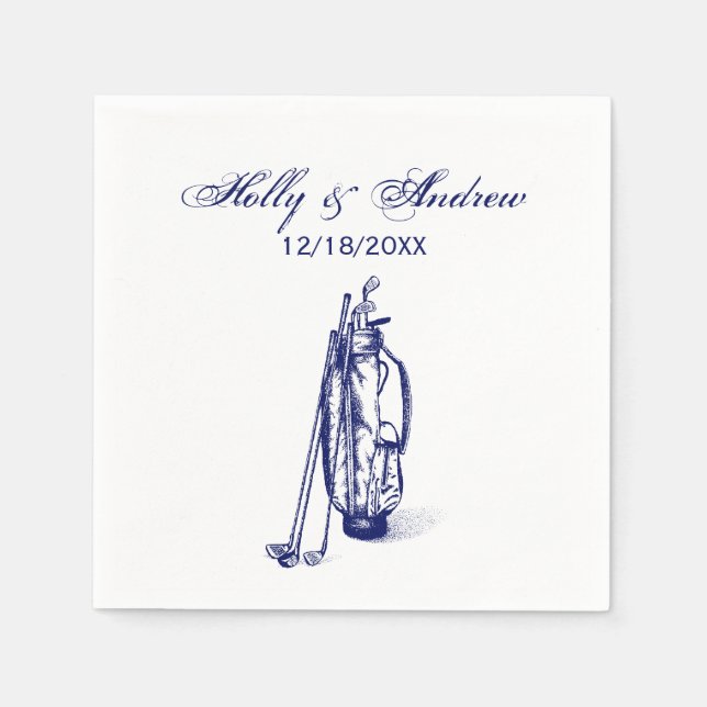 Golf Bag Golf Clubs Blue Couple Wedding Napkin (Front)