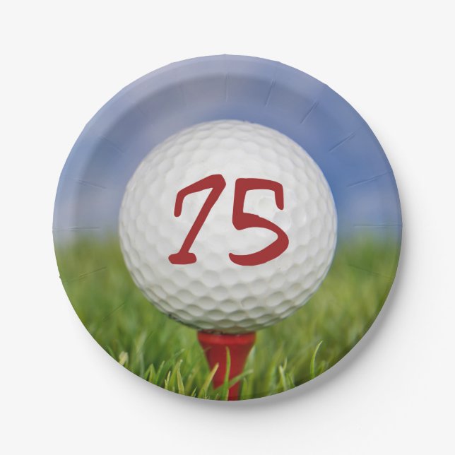 Golf ball 75th birthday paper plate (Front)