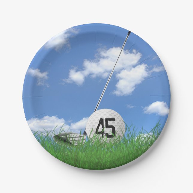 Golf Ball and club for 45th birthday Paper Plate (Front)