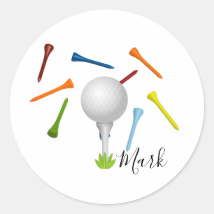 Golf ball and colourful tee on white classic round sticker
