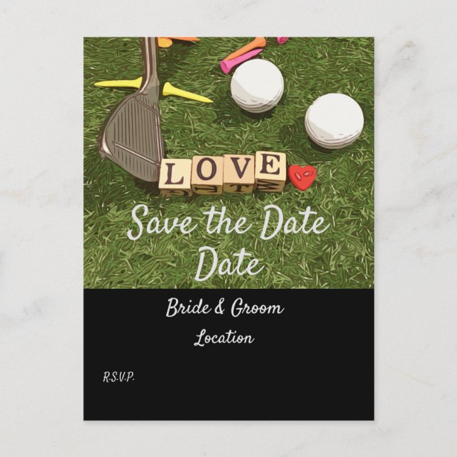 Golf ball and colourful tees and iron Save the Dat Postcard (Front)