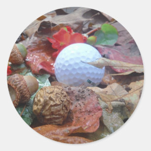 Golf Ball and fall leaves and acorns Classic Round Sticker