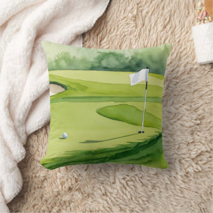 Golf ball and flag on putting green throw pillow