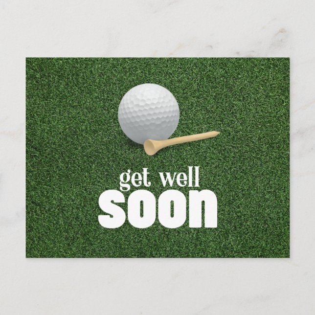 Golf ball and tee Get well soon on green grass Postcard (Front)