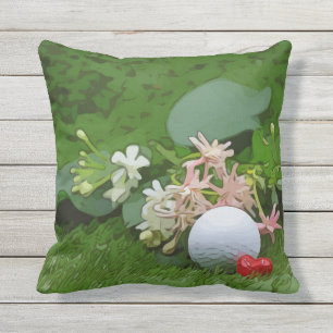 Golf ball and tee with love on green grass Outdoor Pillow
