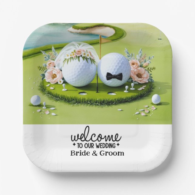 Golf ball Bride & Groom Welcome to our Wedding Paper Plate (Front)