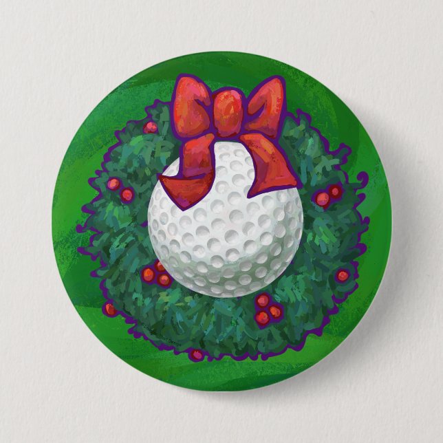 Golf Ball Christmas Wreath on Green 3 Inch Round Button (Front)
