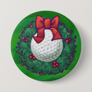 Golf Ball Christmas Wreath on Green 3 Inch Round Button