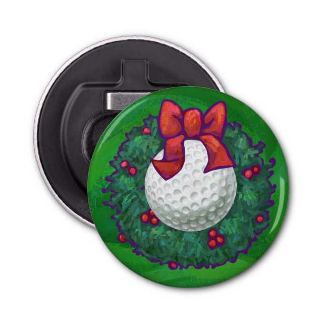 Golf Ball Christmas Wreath on Green Bottle Opener (Front)