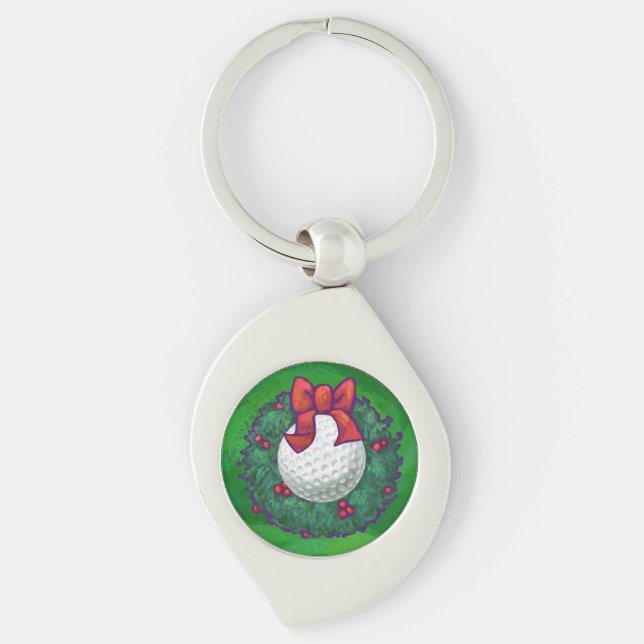 Golf Ball Christmas Wreath on Green Keychain (Front)