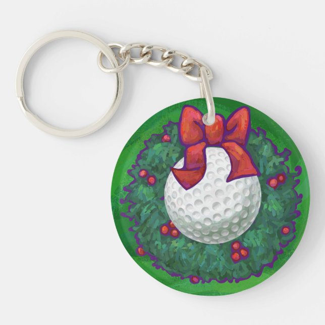 Golf Ball Christmas Wreath on Green Keychain (Front)