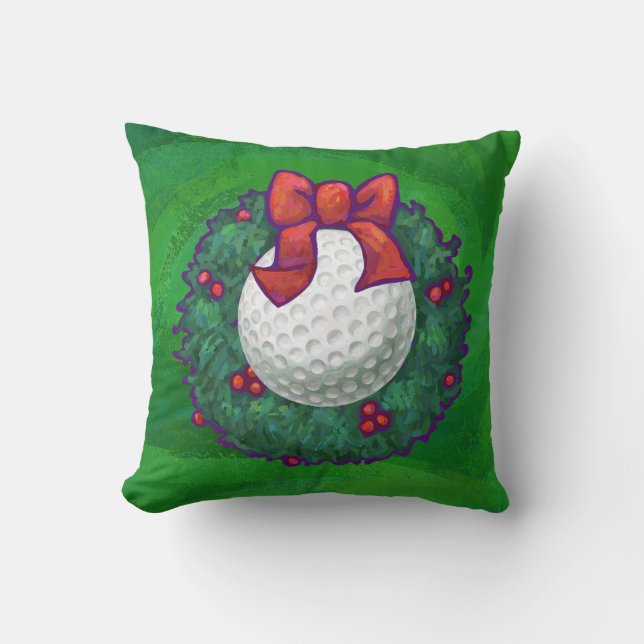 Golf Ball Christmas Wreath on Green Throw Pillow (Front)