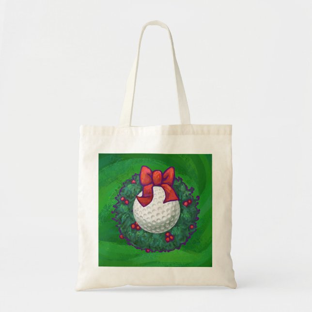 Golf Ball Christmas Wreath on Green Tote Bag (Front)