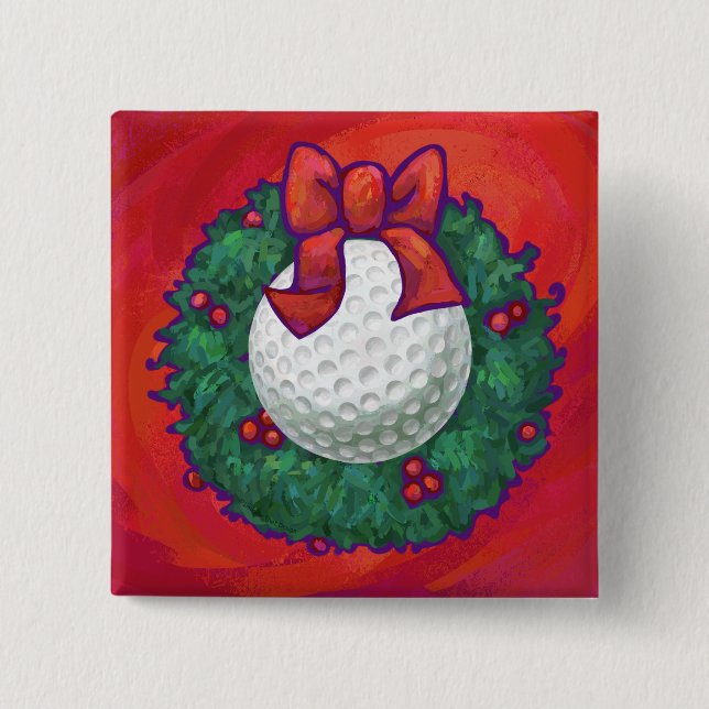 Golf Ball Christmas Wreath on Red 2 Inch Square Button (Front)