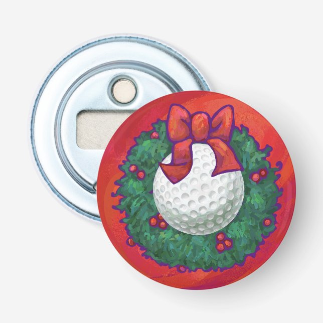 Golf Ball Christmas Wreath on Red Bottle Opener (Front)
