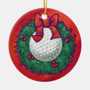 Golf Ball Christmas Wreath on Red Ceramic Ornament