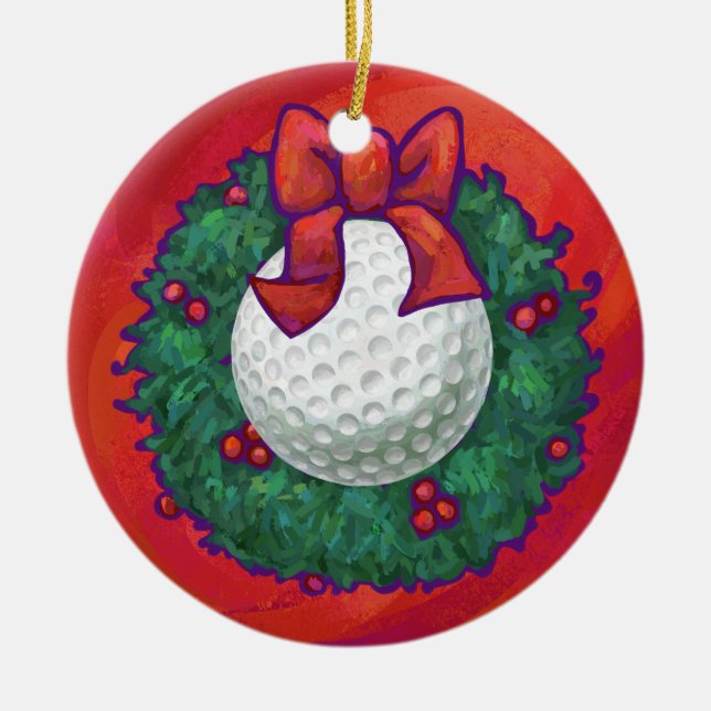 Golf Ball Christmas Wreath on Red Ceramic Ornament (Front)