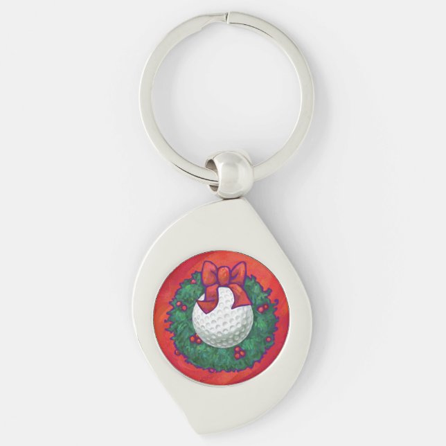 Golf Ball Christmas Wreath on Red Keychain (Front)