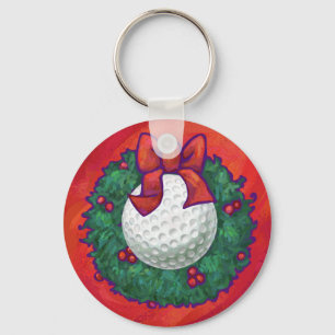 Golf Ball Christmas Wreath on Red Keychain
