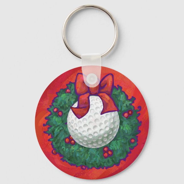 Golf Ball Christmas Wreath on Red Keychain (Front)