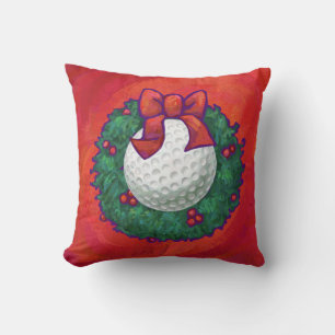 Golf Ball Christmas Wreath on Red Throw Pillow