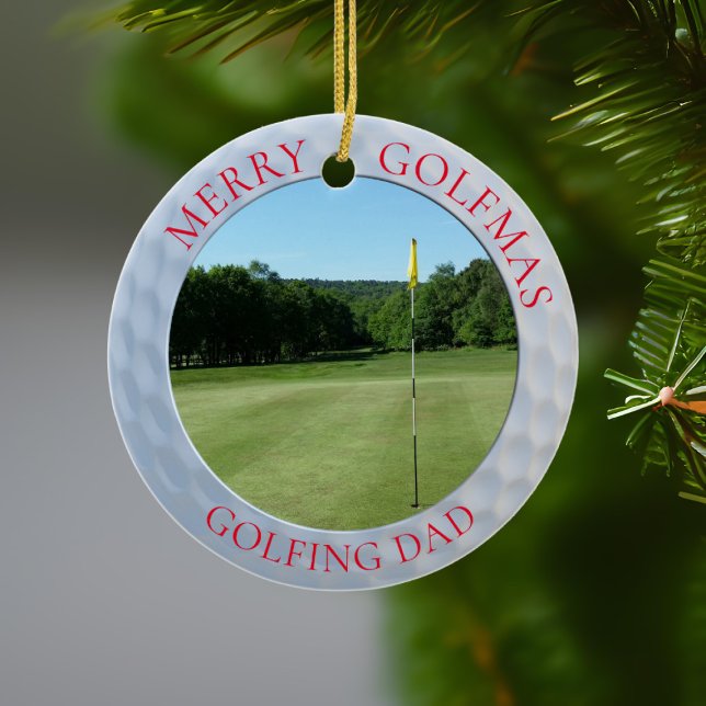 Golf Ball Dimples Merry Golfmas Name Golfer Photo Ceramic Ornament (Merry Golfmas Golfing Dad ornament! Just upload your favorite fairway!)