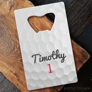 Golf Ball Dimples with Black Name Red Number Credit Card Bottle Opener