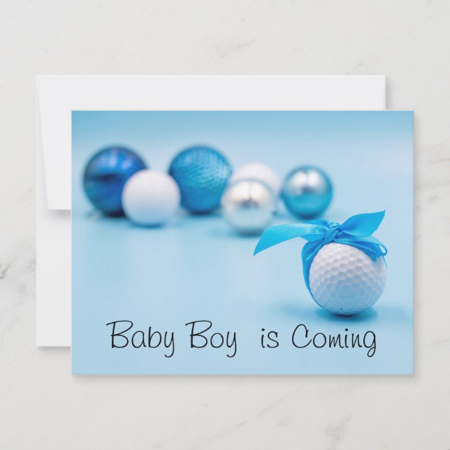 Golf ball for baby Boy is Coming with Blue Ribbon  Invitation (Front)