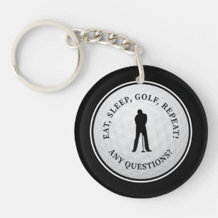 Golf Ball Golfer Silhouette Modern Monogram Black Keychain