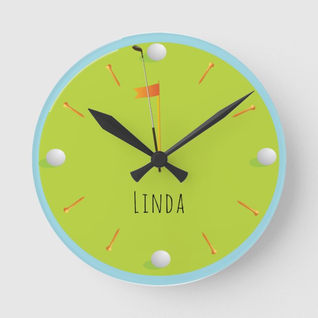 Golf Ball Green Sport Themed Athletic Personalized Round Clock (Front)