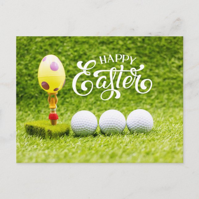 Golf ball Happy Easter with easter egg on green Ho Holiday Postcard (Front)