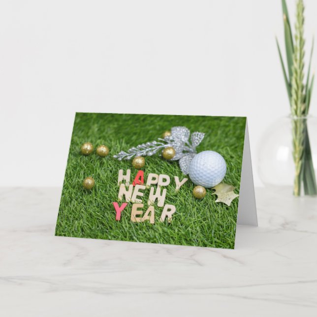 Golf ball Happy New year with silver leaves Card (Front)