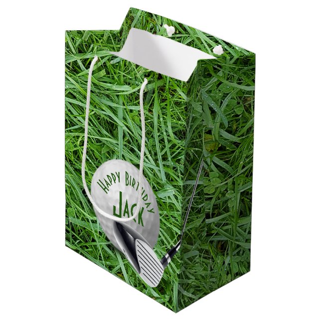 Golf Ball In Grass Birthday Medium Gift Bag (Front Angled)