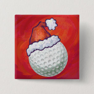 Golf Ball in Santa Hat on Red 2 Inch Square Button