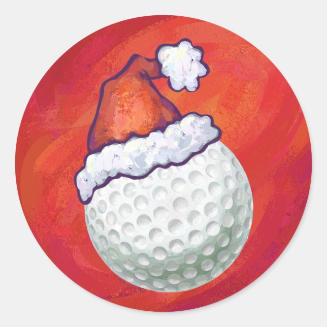 Golf Ball in Santa Hat on Red Classic Round Sticker (Front)