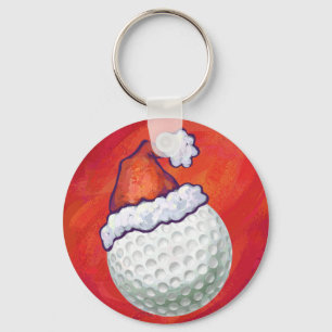 Golf Ball in Santa Hat on Red Keychain